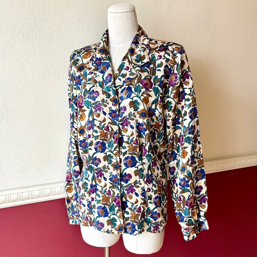 Vintage Laura‎ & Jayne Collection Floral Jacquard Button Up Blouse Satin Size 6